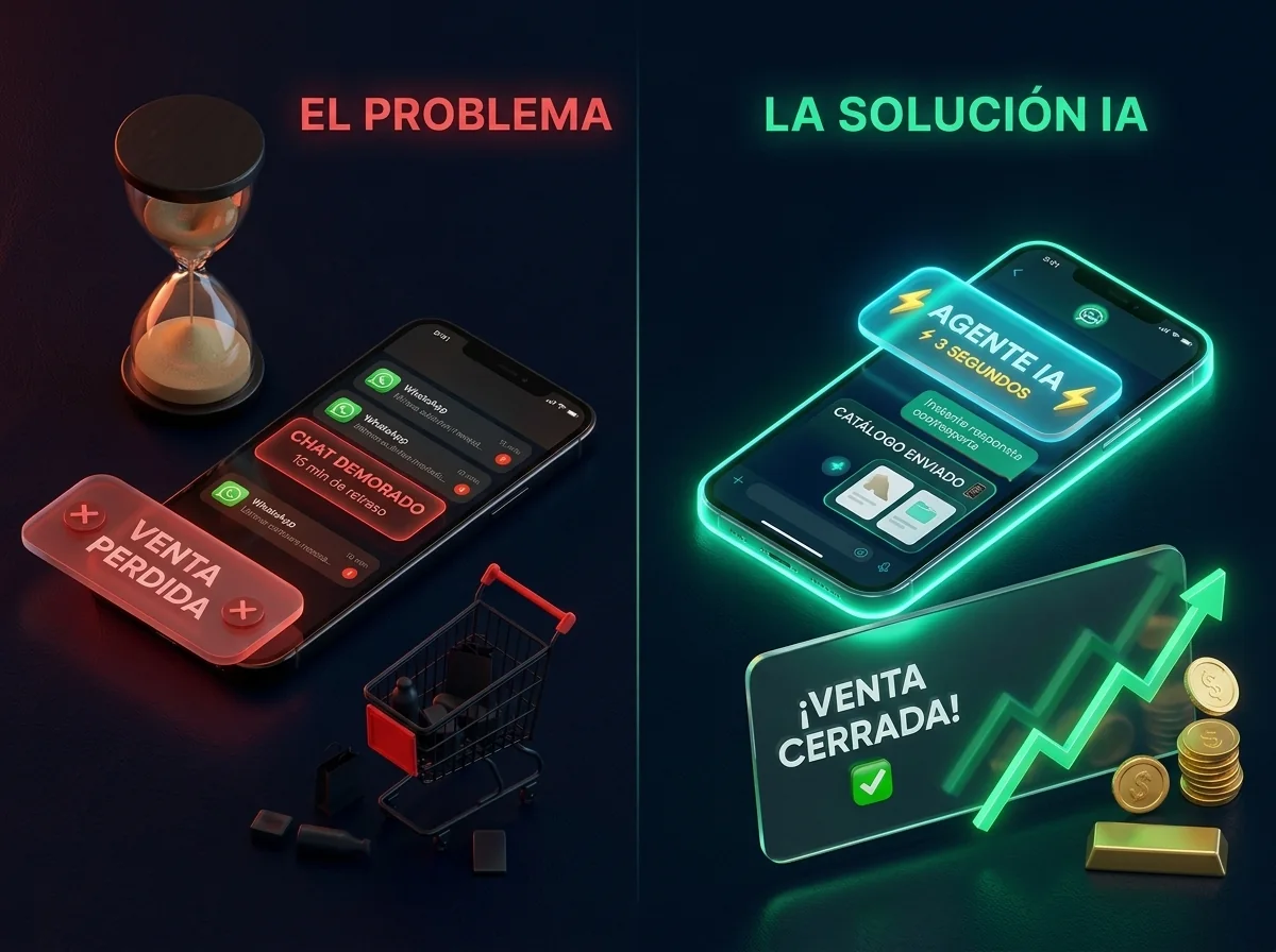 Comparativa comercial: El 52% de los clientes en internet compran al primero que les responde. Sin agente tardas 15 min y pierdes la venta vs con Agente IA Freitech respondes en 3 segundos y cierras la venta.